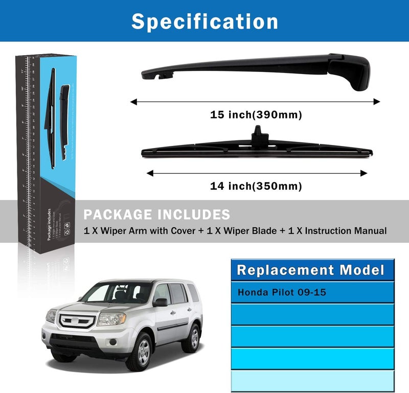 WTI Rear Wiper Arm Blade Set Compatible With Honda Pilot 2009-2015 SUV Rear Windshield Window Wiper Kits Assembly New Replacement Accessories Parts Fit 76720SZAA02 76730SZAA02 - Image 5